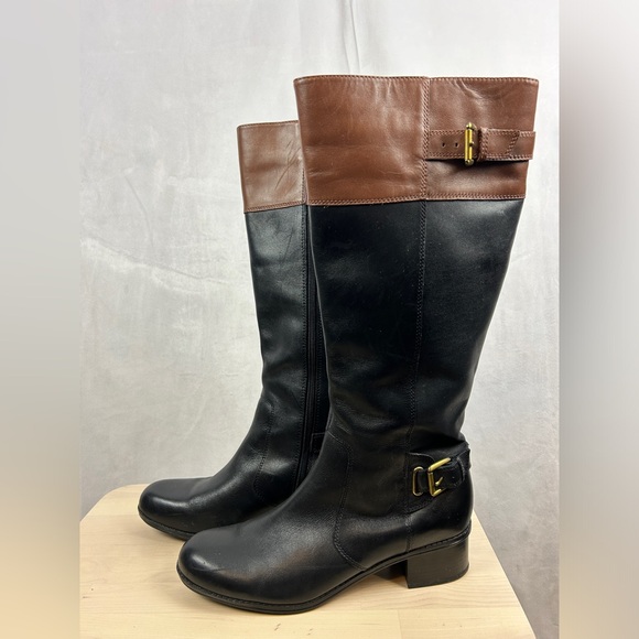 BANDOLINO BDCastin Leather Riding Boots Women's 9 Black Brown Knee High Zip Gold - Picture 1 of 9